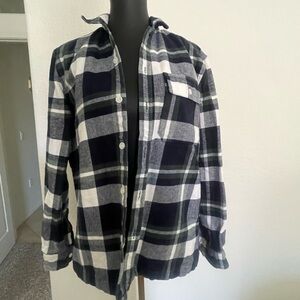 TOPMAN Navy Green White Plaid Flannel Button Down